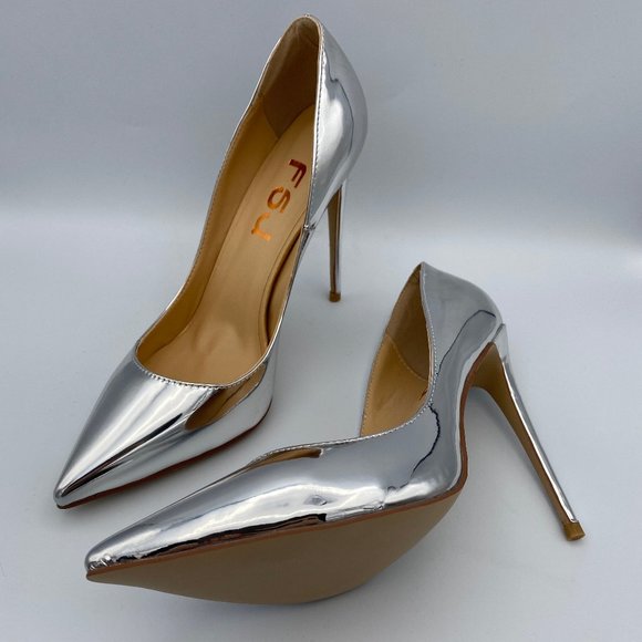 FSJ Silver Metallic Heels Pointy Toe Stiletto Pump - Picture 3 of 5
